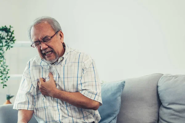 Agonizing Senior Man Suffering Chest Pain Heart Attack Alone His — Fotografia de Stock