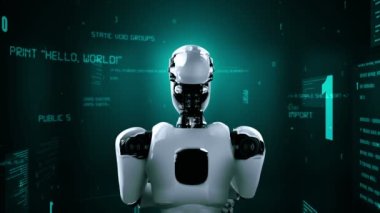 Futuristic robot artificial intelligence huminoid AI programming coding technology development and machine learning concept. Robotic bionic science research for future of human life. 3D rendering.