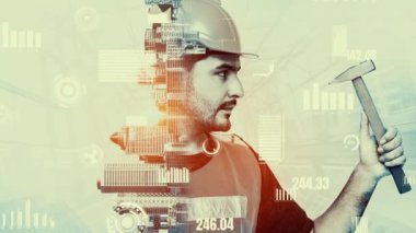 Gelecekteki bina inşaatı ve HUD hologram grafik tasarımı ile yaratıcı mühendislik projesi konsepti. İnşaat mühendisi, mimar ya da inşaat işçisi modern sivil teknoloji ile çalışıyor..