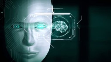 Robot hominoid face close up with graphic concept of big data analytic by AI thinking brain, artificial intelligence and machine learning process for the 4th fourth industrial revolution. 3D rendering