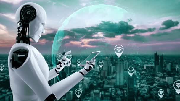 Hominoid Robotów Używać Telefonu Komórkowego Lub Tabletu Globalnego Połączenia Sieciowego — Wideo stockowe