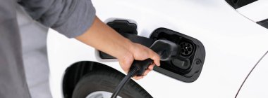 Closeup focus hand insert EV charger plug to electric vehicle from charging station. Progressive alternative clean energy engine car technology. Renewable EV car for eco-friendly transportation idea.