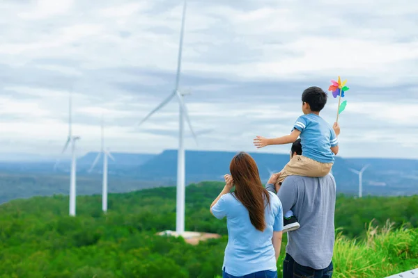 Progressive Happy Family Enjoying Time Wind Farm Green Energy Production —  Fotos de Stock