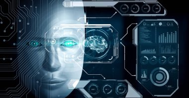 Robot hominoid face close up with graphic concept of big data analytic by AI thinking brain, artificial intelligence and machine learning process for the 4th fourth industrial revolution. 3D rendering