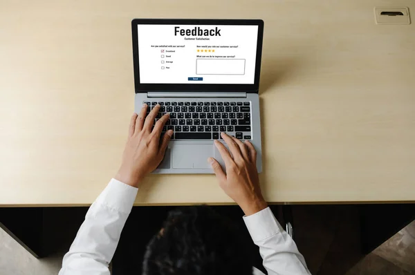 stock image Customer feedback and review analysis by modish computer software for corporate business