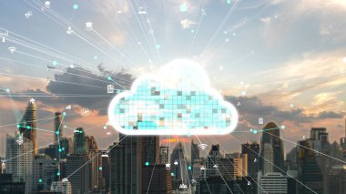 Bulut hesaplama teknolojisi ve veri paylaşımı için çevrimiçi veri depolama. Bilgisayar, bulut veri transferi için internet ağ sunucu servisine bağlanır ve 3B fütürist grafik arayüzünde gösterilir .