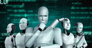 Futuristic robot artificial intelligence huminoid AI programming coding technology development and machine learning concept. Robotic bionic science research for future of human life. 3D rendering.