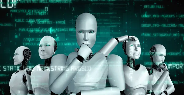 Futuristic robot artificial intelligence huminoid AI programming coding technology development and machine learning concept. Robotic bionic science research for future of human life. 3D rendering.