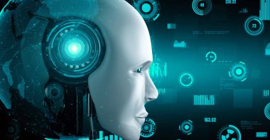 Futuristic robot artificial intelligence huminoid AI for industrial factory technology development and machine learning concept. robotic bionic science research for future of human life. 3D rendering.