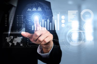 Businessman analyst working with digital finance business data graph showing technology of investment strategy for perceptive financial business decision. Digital economic analysis technology concept.