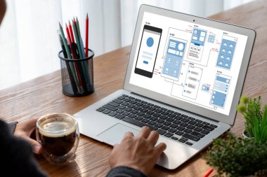 Model mobil uygulama ve web sitesi için UX UI tasarım süreci. Profesyonel uygulama geliştiricisi için kablo grafiğinin yaratıcı prototipi .