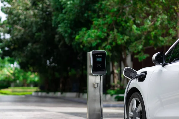 Focus Closeup Electric Vehicle Plugged Charger Device Blurred Background Public — Foto Stock