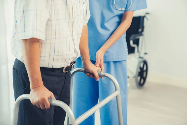 Physiotherapist Assists Her Contented Senior Patient Folding Walker Recuperation Elderly — Stok fotoğraf