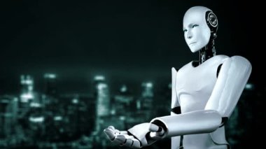 Futuristic robot artificial intelligence huminoid AI programming coding technology development and machine learning concept. Robotic bionic science research for future of human life. 3D rendering.