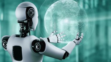 AI hominoid robot holding hologram screen shows concept of global communication network using artificial intelligence thinking by machine learning process. 3D rendering computer graphic.