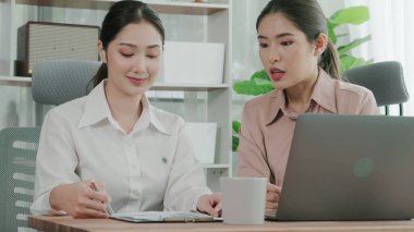 Ofis çalışma alanında birlikte çalışan iki genç hevesli iş kadını. Genç meslektaşlar tartışırken ve dizüstü bilgisayar kullanırken. Modern ofis çalışanları masada birlikte oturuyorlar..