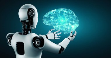 AI hominoid robot holding virtual hologram screen showing concept of AI brain and artificial intelligence thinking by machine learning process. 3D rendering.
