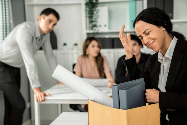 Emotional Image Fired Employee Packing Her Possessions Being Competent Feeling — Stockfoto
