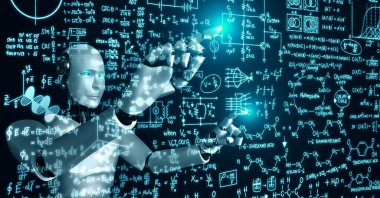 Yapay zeka düşünme ve makine öğrenme sürecini kullanarak matematik formülü ve bilim denkleminin yapay robot dokunmatik ekranını 4. endüstriyel devrim için kullanacağız. 3B görüntüleme.