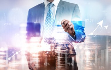Businessman analyst working with digital finance business data graph showing technology of investment strategy for perceptive financial business decision. Digital economic analysis technology concept.