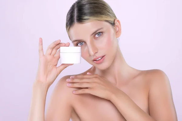 Alluring Beautiful Perfect Cosmetic Skin Woman Portrait Hold Mockup Jar — Fotografia de Stock
