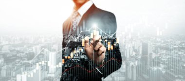 Businessman analyst working with digital finance business data graph showing technology of investment strategy for perceptive financial business decision. Digital economic analysis technology concept.