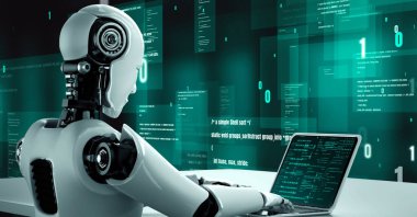 Futuristic robot artificial intelligence huminoid AI programming coding technology development and machine learning concept. Robotic bionic science research for future of human life. 3D rendering.