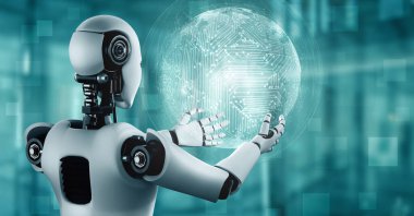 AI hominoid robot holding hologram screen shows concept of global communication network using artificial intelligence thinking by machine learning process. 3D rendering computer graphic.
