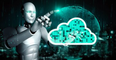 AI robot huminoid uses cloud computing technology to store data on online server . Futuristic concept of cloud information storage analyzed by machine learning process . 3D rendering .