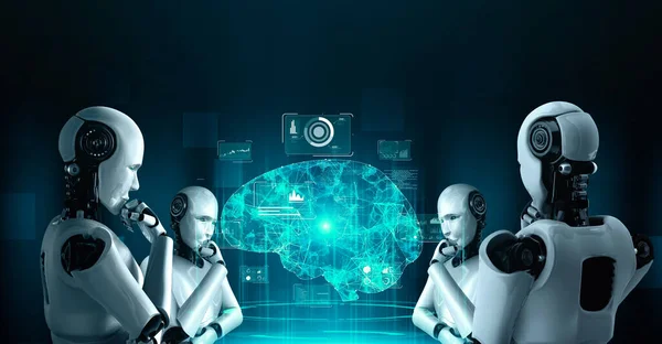 Pensando Robô Hominóide Analisando Tela Holograma Mostrando Conceito Inteligência Artificial — Fotografia de Stock
