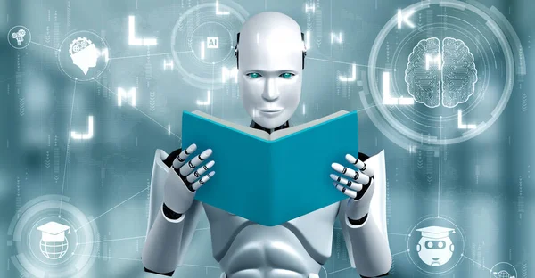 Rendu Robot Hominoïde Livre Lecture Dans Concept Intelligence Artificielle Future — Photo