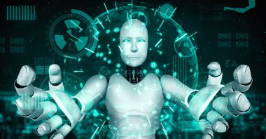 Futuristic robot artificial intelligence huminoid AI for industrial factory technology development and machine learning concept. robotic bionic science research for future of human life. 3D rendering.