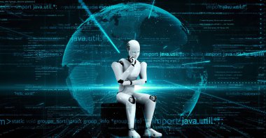 Futuristic robot artificial intelligence huminoid AI programming coding technology development and machine learning concept. Robotic bionic science research for future of human life. 3D rendering.