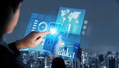 Businessman analyst working with digital finance business data graph showing technology of investment strategy for perceptive financial business decision. Digital economic analysis technology concept.
