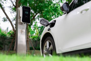 Focus closeup electric vehicle plugged in with EV charger device from blurred background of public charging station powered by renewable clean energy for progressive eco-friendly car concept.