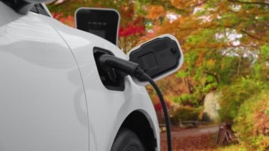 İlerici çevre dostu elektrikli araba konsepti, temiz ve sürdürülebilir enerji şarj istasyonundan güç alan EV otomobili turuncu sonbahar ormanlarının arka planına karşı.