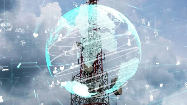 Телекоммуникационная Башня Графикой Глобальных Изменений Бизнеса Электронной Коммерции Против Голубого — стоковое фото