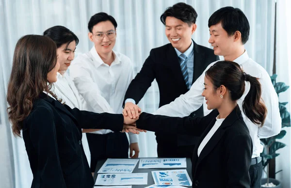 Closeup Business Team Suit Clad Businessmen Women Join Hand Stack — Stok fotoğraf
