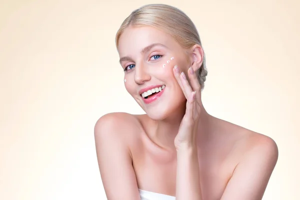Personable Beautiful Perfect Clean Skin Soft Makeup Woman Finger Applying — Foto de Stock
