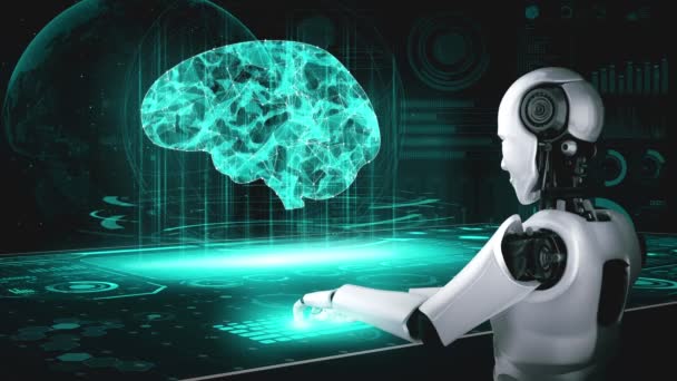 Робот Гомінід Використовує Ноутбук Сидить Столом Концепції Мозку Штучного Інтелекту — стокове відео