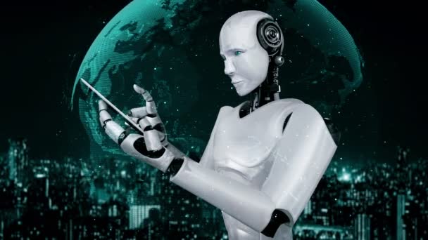 ロボット人類は 第4次産業革命のためのAi思考脳 人工知能 機械学習プロセスを使用して 世界的なネットワーク接続に携帯電話やタブレットを使用しています 3Dレンダリング — ストック動画