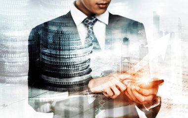 Businessman analyst working with digital finance business data graph showing technology of investment strategy for perceptive financial business decision. Digital economic analysis technology concept.