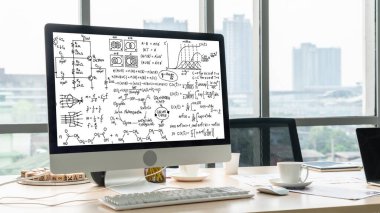 Bilgisayar ekranında bilim ve eğitim kavramını gösteren matematiksel denklemler ve modem formülü