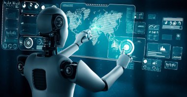 AI hominoid robot touching virtual hologram screen showing concept of big data analytic using artificial intelligence thinking by machine learning process. 3D rendering.