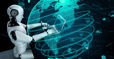 Future financial technology controll by AI robot huminoid uses machine learning and artificial intelligence to analyze business data and give advice on investment and trading decision . 3D rendering .