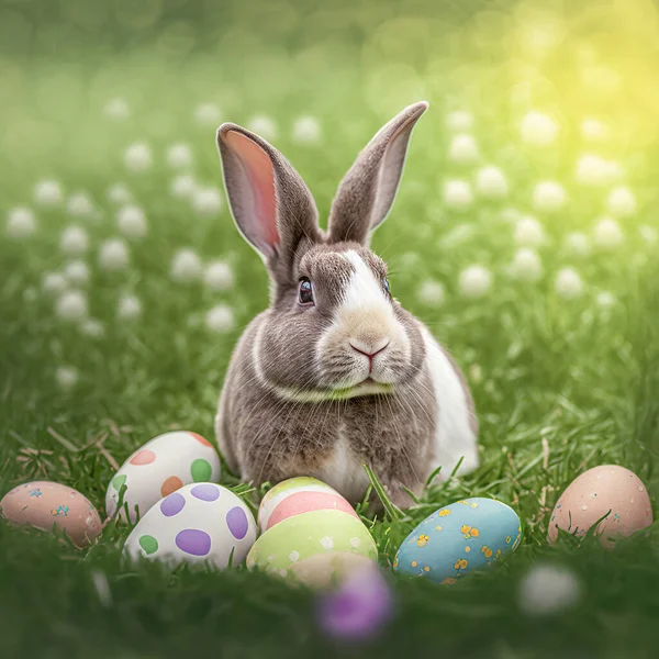 Single sedate cuddly furry Continental Giant rabbit sitting on bright green grass meadow during spring time surrounded by dreamy bokeh. Hare portrait full body with easter eggs.
