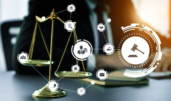 Akıllı Hukuk Hukuki Danışmanlık Simgeleri Avukatlık Bürosunda Çalışan Araçlar Dijital — Stok fotoğraf