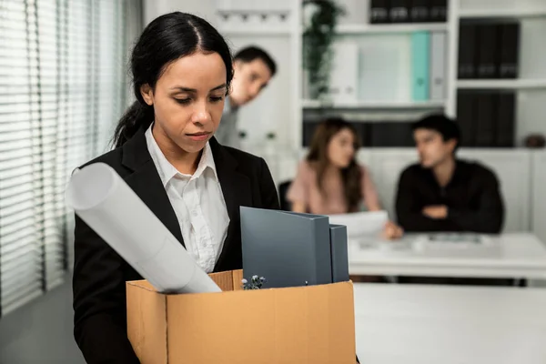 Depressed Disappointed Employee Packing Her Belongings Being Fired Being Competent — Stockfoto