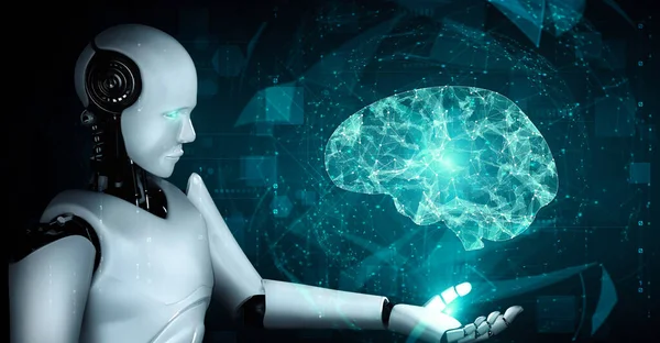 Hominoid Robot Holding Virtual Hologram Screen Showing Concept Brain Artificial — Zdjęcie stockowe