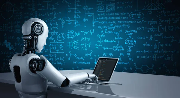 Robot Using Modish Software Computer — Stock Photo, Image